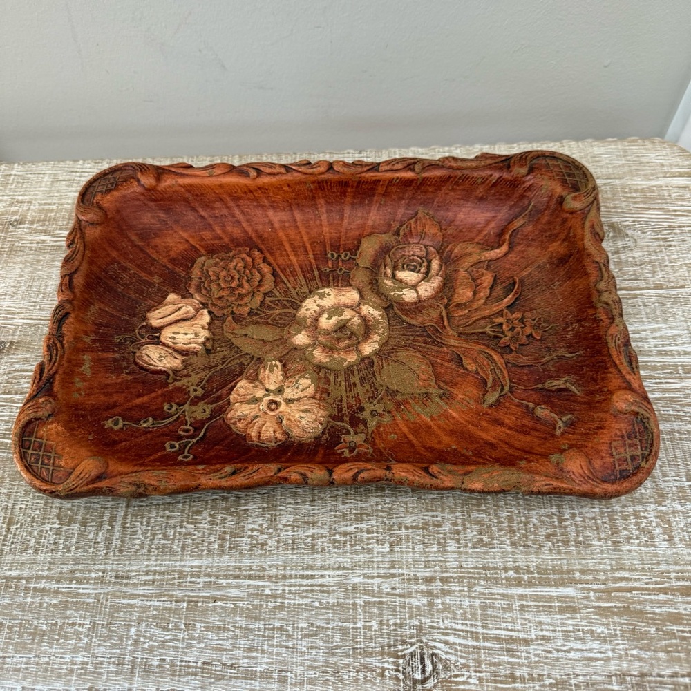 Vintage 1944 Multi Products Inc Resin Faux Wood Flower Weathered Tray Platter
